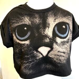Vintage 90s Black Cat Face Cat Lady Gothic Cropped Emo Womens T-Shirt M RARE USA